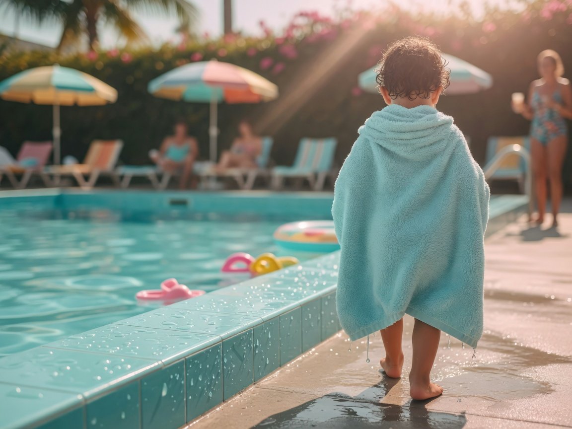 Child wrapped in a soft towel after swimming by an outdoor pool