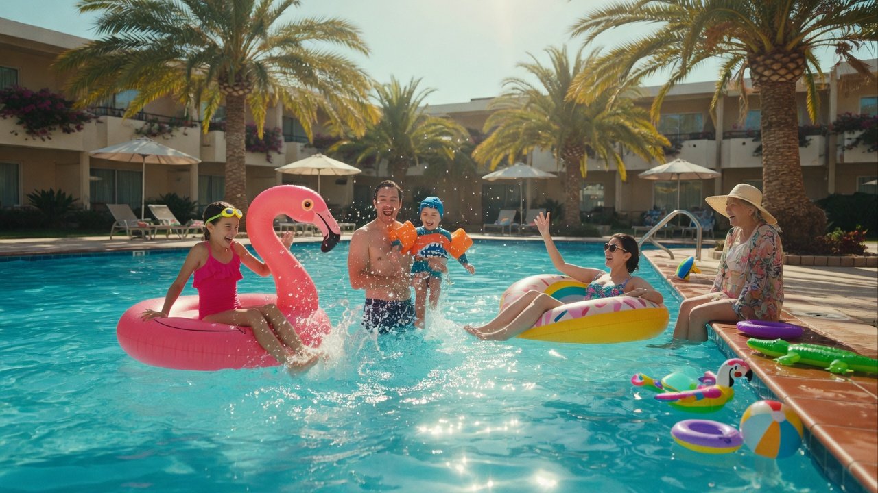 Family pool day with SwimFresh 250ml pre-swim spray for kids skin and hair