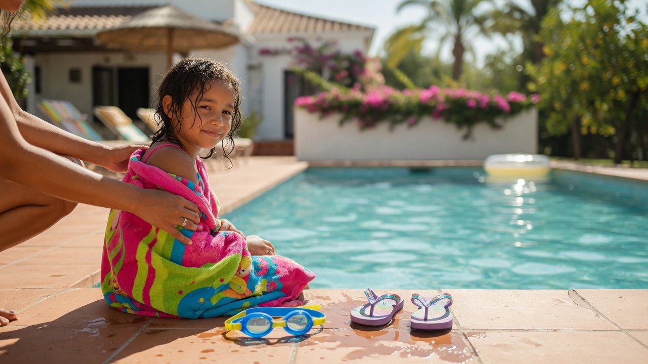 Child ready for swimming with SwimFresh pre-swim spray