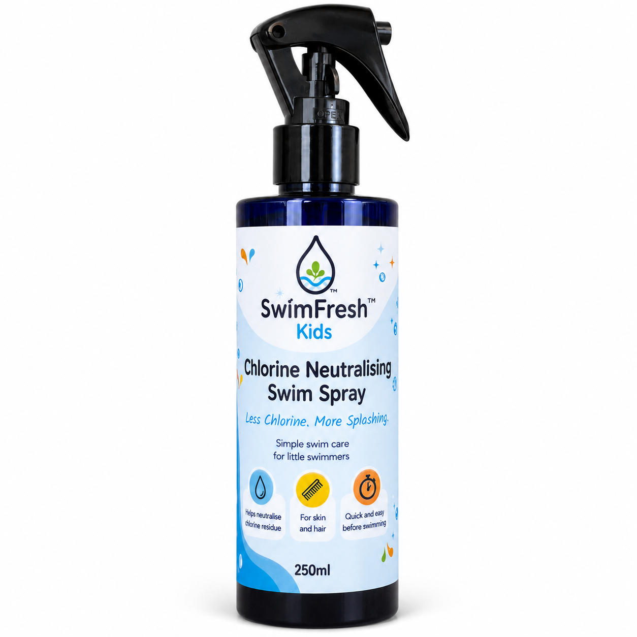SwimFresh Kids Chlorine Neutralising Pre-Swim Spray 250ml bottle