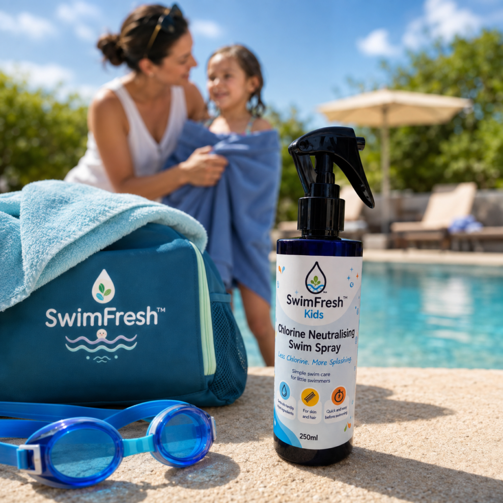Close-up of SwimFresh 250ml pre-swim spray bottle for kids