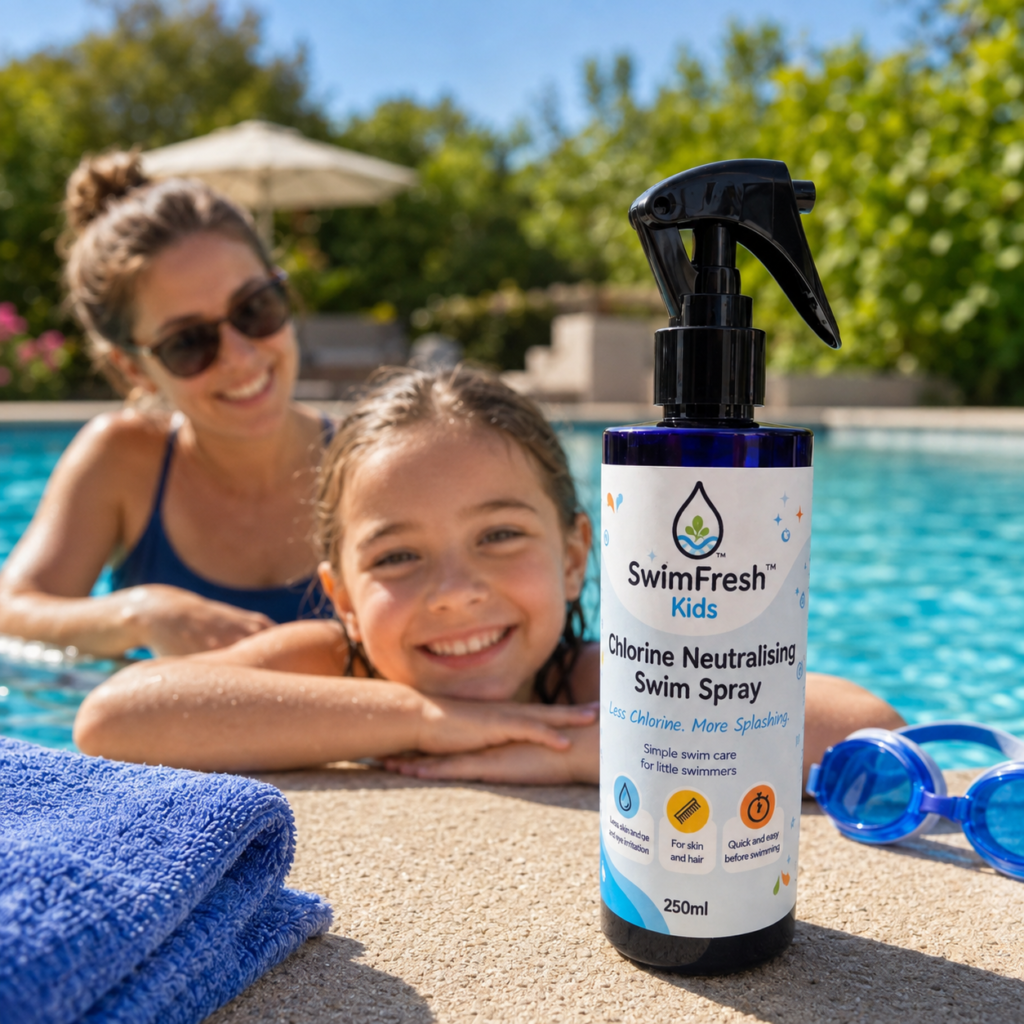 Child ready for swimming lessons with SwimFresh pre-swim pre-swim spray