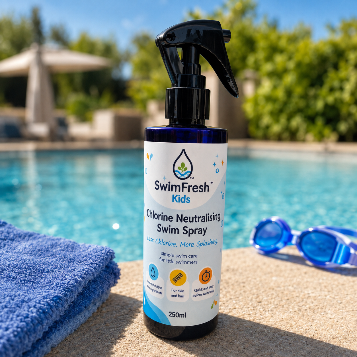 SwimFresh Kids Chlorine Neutralising Swim Spray bottle by the pool